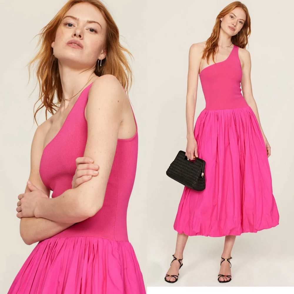 Derek Lam Pink Bubble Hem One Shoulder Midi Dress